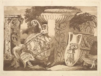 Kompozycja z fragmentami antycznymi i pochyloną wazą z Recueil de Compositions..., 1782-84.