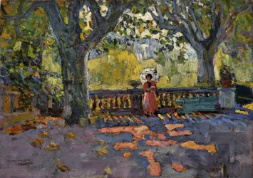 Młoda kobieta ma parasol na zacienionym tarasie. Malarstwo autorstwa Jean-Jacquesa Roque