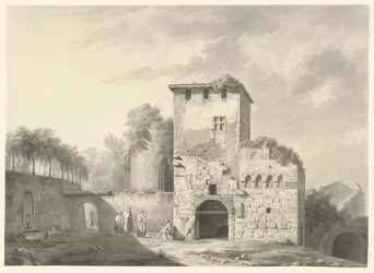 Krajobraz z ludźmi pośród ruin