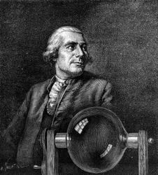 Portret Josepha de Montgolfiera (1740-1810), francuskiego przemysłowca, wynalazcy balonu na ogrzane powietrze. (Z portretu Boissieu w Musee de Lyon). Grawerowanie w „”Nature: przegląd nauk i ich zastosowania w sztuce i przemyśle””