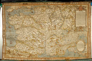 Mapa geograficzna Galów pokazująca granice z Niemcami i Włochami. Zrealizowany przez kartografa Jeana Joliveta (XVI wiek)