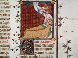 Śmierć św. Wincentego z Saragossy w 304 r. Miniatura zaczerpnięta z „Breviarium Parisiense” (Breviaire de Paris) znanego jako Breviaire de Charles V zilustrowana przez Jeana Le Noira (man. lat. 1052, k. 326)