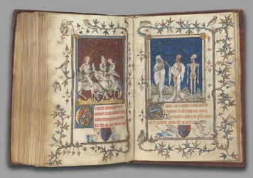 f.321v-322r z Modlitewnika Bonne z Luksemburga, księżnej Normandii, przed 1349 (tempera, grisaille, atrament i złoto na welinie)