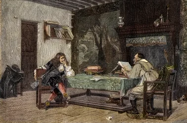 Współpraca między Jeanem Baptiste Moliere i Pierre Corneille Francuski dramatis - „” Autorzy Jean-Baptiste (Jean Baptiste) Poquelin dit Moliere (1622-1673) i Pierre Corneille (1606-1684)”” grawerunek po obrazie Jean-Leon (Jean Leon) Gerome