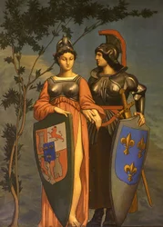 Alegoria traktatu pirenejskiego w 1659 między Francją a Hiszpanią (olej na płótnie)