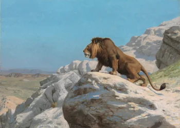 Lew na straży, ok. 1885 (olej na płycie drewnianej)
