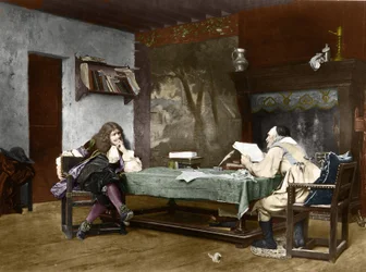 Autorzy Jean-Baptiste (Jean Baptiste) Poquelin dit Moliere (1622-1673) i Pierre Corneille (1606-1684). XIX w. (litografia po obrazie Jean-Leona (Jean Leon) Gerome)