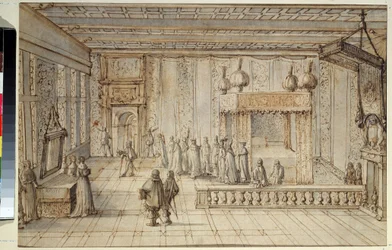 Sypialnia króla Ludwika XIV (1638-1715) w Wersalu. Komnata króla Ludwika XIV w Wersalu. Rysunek Jeana Le Pautre (1618-1682)