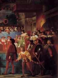 Król Ludwik XII ogłosił ojca ludu Stanom Generalnym w Tours w dniu 14 maja 1506 r. Szczegół. Obraz Jeana Louisa Bezarda (1799-1861)