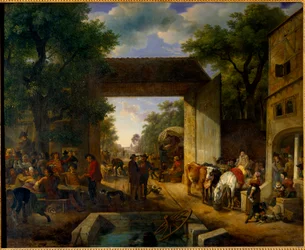 Jarmark pod drzwiami karczmy Obraz Jean Louis Demarne (1744-1829) XIX-wieczne słońce. 0,5x0,6m²