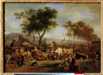 Jarmark przy wjeździe do wsi Scena z żywnością i handlem na wiejskim jarmarku. Obraz Jean-Louis Demarne (1744-1829) Niedz. 036x0,5m²