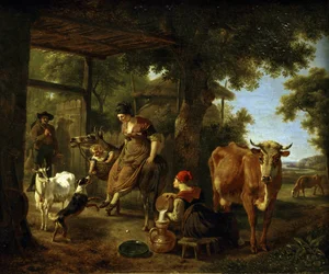 W gospodarstwie. Scena z życia na wsi par Demarne, Jean-Louis (Jean Louis de Marne ou de Marnette) (ok. 1752-1829). Olej na płótnie, II poł. XVIII w., Państwowe Muzeum Sztuki im. A. Radishcheva, Saratów