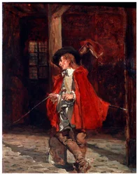 Szermierz Bretteur w czerwonym płaszczu, XIX w.