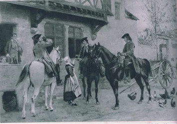 Zatrzymanie się w gospodzie, ilustracja z filmu Cassells Romance of Famous Lives, ok. 1940 r.