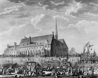 Rewolucja Francuska: Król Ludwik XVI przybywa ze swoją rodziną (Marią Antoniną, delfinem Ludwikiem Karolem z Francji lub Ludwikiem XVII i Marią Teresą znaną jako „Madame Royale”) w Paryżu 6 października