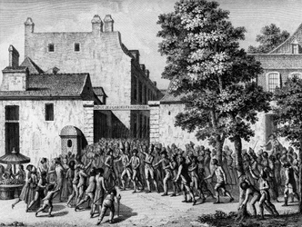 Rewolucja francuska: Gwardia francuska ratuje swojego pułkownika Monsieur du Chatelet przed powszechnym podnieceniem 12 lipca