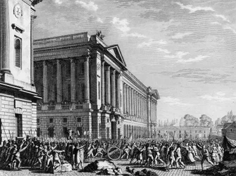 Rewolucja francuska: Grabież broni na straży mebli (lub magazynu mebli obecnie hotelu de la Marine) 13 lipca 1789 r., Place de la Concorde, Paryż: tłum, zaniepokojony okrążeniem stolicy przez obce pułki, chwycił broń z t