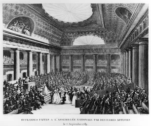 Dary przekazane Zgromadzeniu Narodowemu w Salle des Menus-Plaisirs przez artystki, 7 września 1789, rytował Pierre Gabriel Berthault (1737-1831)