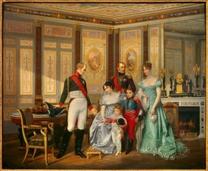 Cesarzowa Józefina de Beauharnais (1763-1814) przyjmuje cara Aleksandra I (1777-1825), któremu poleca swoje dzieci, w maju 1814 roku. Cesarzową otaczają Eugène Rose de Beauharnais, zwany księciem Eugène (1781-1824), Hortensja de Beauharnais (1783)