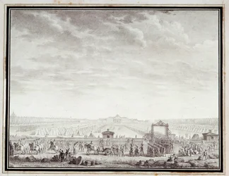 Rewolucja francuska: „”Les trupes du Champ-de-Mars odlatujące do Place Louis XV: 12 lipca 1789”” Rysunek tuszem i praniem autorstwa Jean-Louis Prieur (1759-1795) XVIII wiek. Rozmiar 0,17x0,23m. Paryż, Muzeum Carnavalet