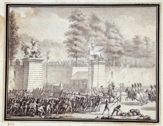Rewolucja francuska: „” Monsieur de Lambesc wchodzący do Tuileries z oddziałem z Królewskiego Pułku Niemieckiego w dniu 12 lipca 1789”” Rysunek tuszem i praniem autorstwa Jean-Louis Prieur (1759-1795)