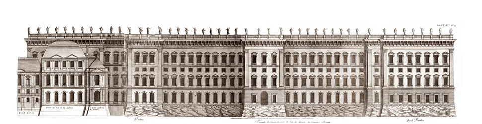 Luwr w Paryżu, projekt Gian Lorenzo Bernini: elewacja głównej fasady zwróconej w stronę Sekwany - Z „”Architecture francoise”” autorstwa Jacques-Francois Blondel - elewacja de la principale fronte cote Seine - projekt Bernina - grawer Jean Marot