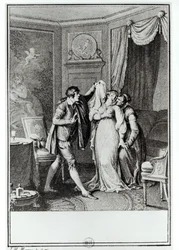 „Zdejmij tę zasłonę”, powiedziała stara kobieta do Kandyda, ilustracja do rozdziału 7 „Kandyda” François Voltaire