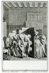 Baron… zasalutował Kandydowi kilkoma godnymi uwagi kopniakami w zamek i wypędził go za drzwi, ilustracja z rozdziału 1 Kandyda autorstwa Francois Voltaire (1694-1778) rytowana przez Louisa Michela Halbou (