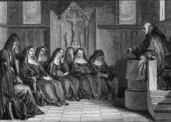 Abelard i Heloise: Pierre Abelard lub Abailard (1079-1142) został mnichem opactwa Saint Denis. Grawer Jean Michel Moreau, dit Moreau le Jeune (1741-1814)