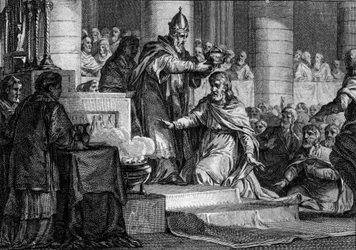 Koronacja Karola Wielkiego, 25 grudnia 800: król Franków (747-814) zostaje konsekrowany na cesarza Zachodu przez papieża Leona III (750-816) w kościele św. Piotra w Rzymie. Rycina Jeana Michela Moreau, zwanego Moreau le Jeune (1741-1814)