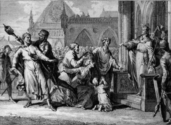 Dagobert 1st (602/605-638), król Franków, próbuje zapewnić sobie władzę królewską w Burgundii, wysłuchując skarg mieszkańców na ich panów. Grawer Jean Michel Moreau, dit Moreau le Jeune (1741-1814)