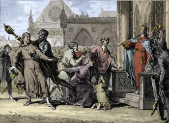 Dagobert 1st (602/605-638), król Franków, próbuje zapewnić sobie władzę królewską w Burgundii, wysłuchując skarg mieszkańców na ich panów. Grawer Jean Michel Moreau, dit Moreau le Jeune (1741-1814)