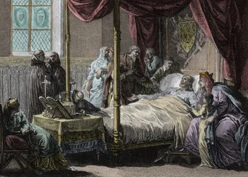 Śmierć Dagoberta I (602/605 - 638), króla franków, w obecności jego żony królowej Nantildy (ok. 610-642) i syna, przyszłego Chlodwiga II (ok. 635-657). Grawer Jean Michel Moreau, dit Moreau le Jeune (1741-1814)
