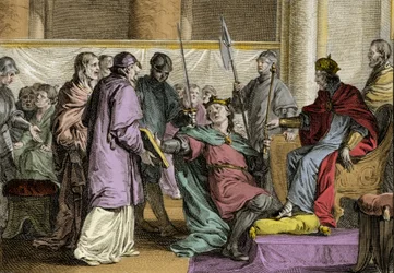 Erispoe (zm. 857), król Bretanii (Herispogius - Hervspogius - Respogius) otrzymał ozdoby królestwa z rąk Karola II Łysego (823-877), 851. Rycina Jean Michel Moreau dit Moreau le Jeune (1741) - 1814)