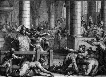 Francja, okres karoliński: kurs plenarny (fete celebree dwa razy w roku). Żołnierze rzucają ludziom monety, Grawer Jean Michel Moreau, dit Moreau le Jeune (1741-1814)