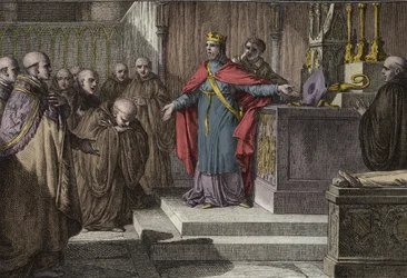 Hugues Capet (941-996) przywrócił kanoniczne elekcje: król Franków zezwolił mnichom na wybór opatów, umieszczając na ołtarzu krzyż i mitrę. Grawer Jean Michel Moreau, dit Moreau le Jeune (1741-1814)