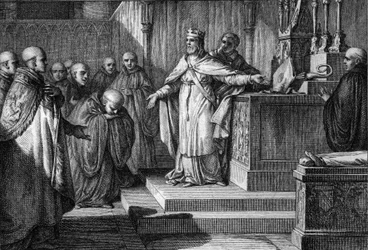Hugues Capet (941-996) przywrócił kanoniczne elekcje: król Franków zezwolił mnichom na wybór opatów, umieszczając na ołtarzu krzyż i mitrę. Grawer Jean Michel Moreau, dit Moreau le Jeune (1741-1814)