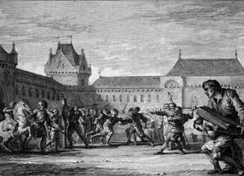 Instytucja stron: ustanowienie szkolenia w zakresie fizycznych i domowych zadań metier strony. Okres karoliński, panowanie Karola Wielkiego, VIII-IX wiek. Grawer Jean Michel Moreau, dit Moreau le Jeune (1741-1814)