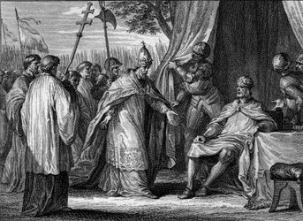 Wywiad między papieżem Grzegorzem IV (zm. 844) a Ludwikiem I Pobożnym (778-840) w 833 r. w celu rozstrzygnięcia sporu między królem a jego synami, Lothairem, Pepinem i Ludwikiem. Grawer Jean Michel Moreau, dit Moreau le Jeune (1741-18