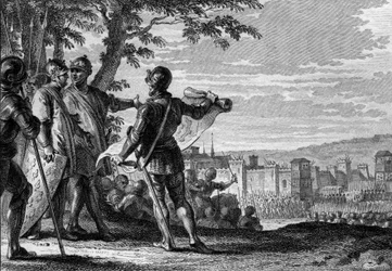 Król Ludwik III (863-882) i Carloman II (867-884) oblegający miasto Wiedeń, 883. Rycina Jean Michel Moreau, dit Moreau le Jeune (1741-1814)