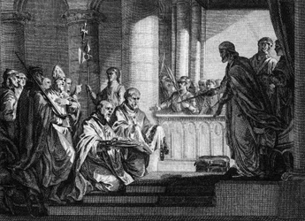 Papież Grzegorz III (zm. 741) poprosił króla Franków Karola Martela (688-741) o pomoc w odparciu wojsk lombardzkich Włoch, 741. Rycina Jean Michel Moreau, dit Moreau le Jeune (1741-1814)