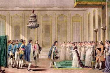 Pełnomocna propozycja małżeństwa od Napoleona przedstawiona cesarzowej Austrii przez księcia Neufchatel (Louis-Alexandre Berthier) - grawerowanie według Jean-Michel Moreau le jeune - W pokoju jego mieszkania Imperatrice Marie Louise of Austria (Marie-Louis