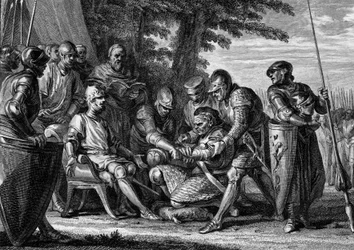Rollo (ok. 860-933), wódz wikingów, odmawia pocałowania stopy króla Karola III Prostaka (879-929), 912. Rycina Jeana Michela Moreau, zwanego Moreau le Jeune (1741-1814)