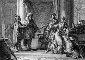 Księżniczka Akwitanii Lampagie została przez ojca (Eudesa) przymusowo wydana za maurskiego dowódcę Munuzę (Uthman ibn Naissa), aby zapewnić pokój z Saracenami, 730. Rycina Jeana Michela Moreau, zwanego Moreau le Jeune (1741-1814)