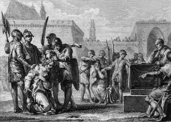 Thierry III (651-691), król Franków, i Ebroin (zm. 681), burmistrz Neustrii, zostali skoszeni przez ludność wrogo nastawioną do obu mężczyzn. 669. Grawer Jean Michel Moreau, dit Moreau le Jeune (1741-1814)