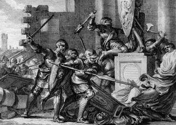 Wojna przeciwko Sasom, 772: zniszczenie świątyni i bożka Irmensula, Paiańskiego bóstwa Sasów, przez armię Karola Wielkiego. Ehresburg, Niemcy. Grawer Jean Michel Moreau, dit Moreau le Jeune (1741-1814)