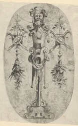 Męska figura terminalna, głowa z brodą i turbanem na trójczłonowej stopce z pasami..., ca. 1543-45.