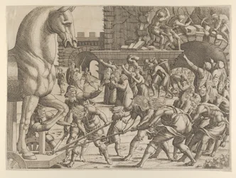 Trojanie sprowadzają drewnianego konia do swojego miasta, 1535-55.