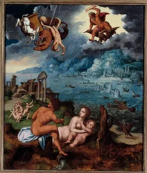 Upadek Phaetona Phaeton (Phaethon), niezdolny do kontrolowania czołgu Helios, został uderzony przez Zeusa i wpadł do rzeki Eridan. Obraz Claude Mignon (1535-1555) XVI-wieczny Rouen, Musee des Beaux Arts