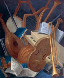 Instrumenty muzyczne, fragment z Alegorii muzyki, obraz tablicowy Jeana Mosniera (1600-1656). Zamek Beauregard, Loir-et-Cher, Francja.